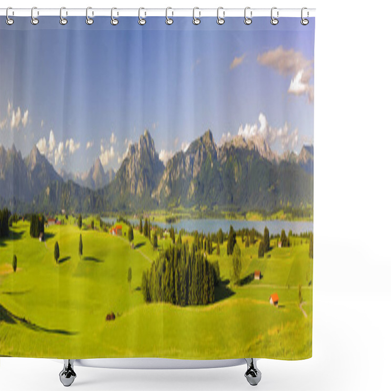 Personality  Panoramic Landscape In Region Allgaeu With Lake And Alps Mountain Range Shower Curtains