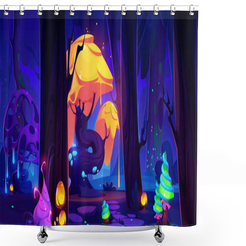 Personality  Fantasy Game Background With Magic Forest Landscape At Night. Fairytale World Scene With Dark Woods With Fantastic Alien Trees, Flowers And Mushrooms, Vector Cartoon Illustration Shower Curtains