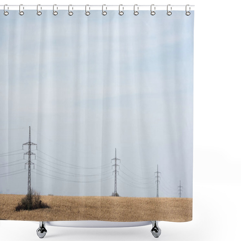 Personality  Golden Field Near Power Line Against Blue Sky  Shower Curtains