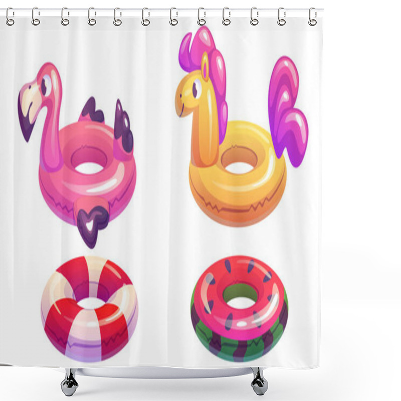 Personality  Inflatable Rings Set Isolated On White. Vector Cartoon Illustration Of Inflated Rubber Toys For Swimming Pool Or Summer Beach, Pink Flamingo, Yellow Pony, Watermelon Shape And Striped Life Ring Shower Curtains