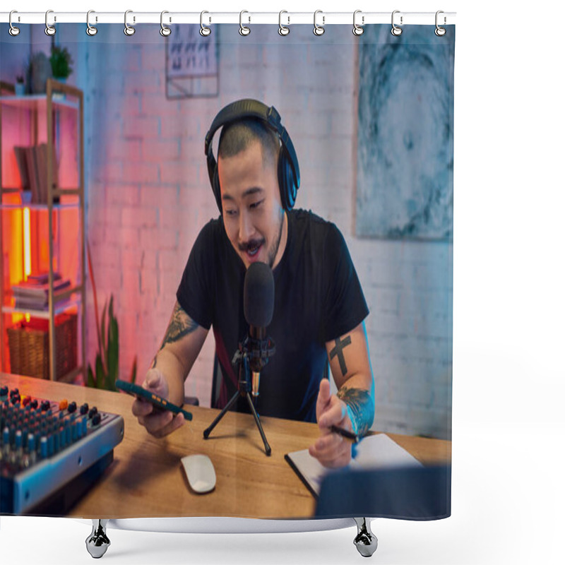 Personality  A Handsome Asian Man Is Recording A Podcast In His Home Studio, Wearing Headphones And Speaking Into A Microphone. Shower Curtains