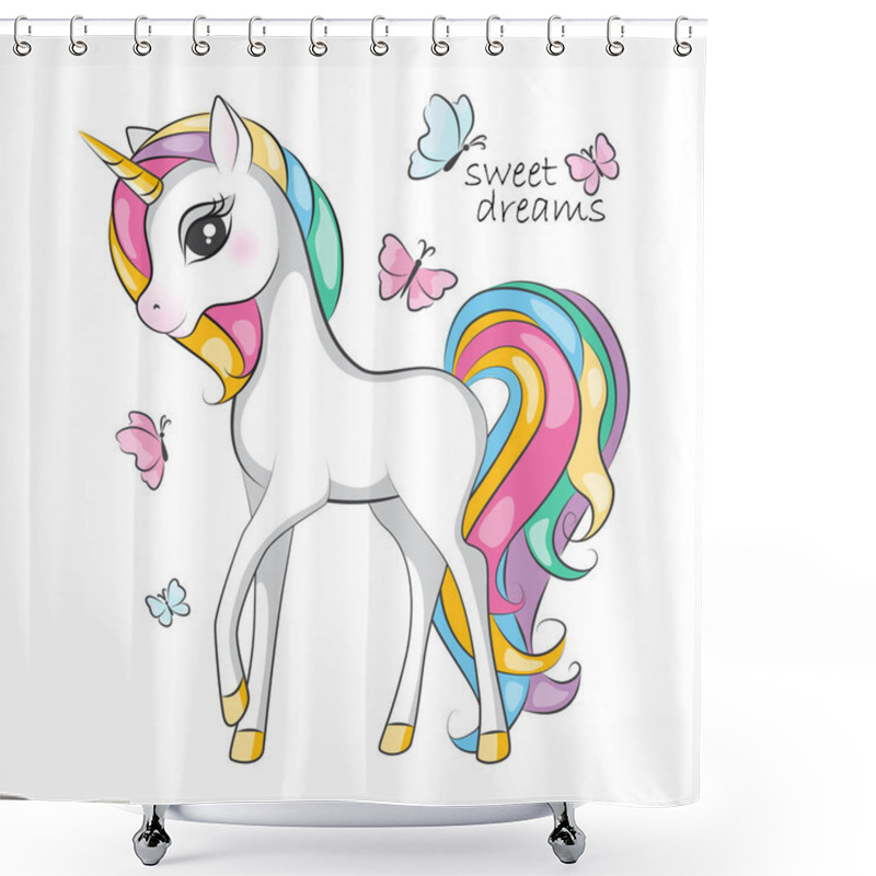 Personality  Beautiful Illustration Of Cute Little Smiling Unicorn  With Mane  Rainbow Colors  .Hand Drawn Picture For Your Design. Shower Curtains