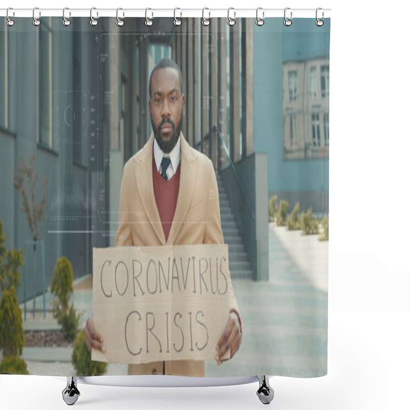 Personality  Future. Face Detection. Portrait Of Fired Afro-American Businessman With Coronavirus Crisis Banner Being Scanned By 3D High Tech Biometric Facial Scanning Recognition. Shower Curtains