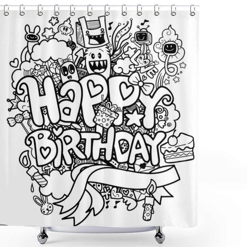 Personality  Birthday Party Hand Drawn Doodles Elements Background ,handwritten Lettering. Happy Birthday Greeting Card. Monster Doodle For Your Design Shower Curtains