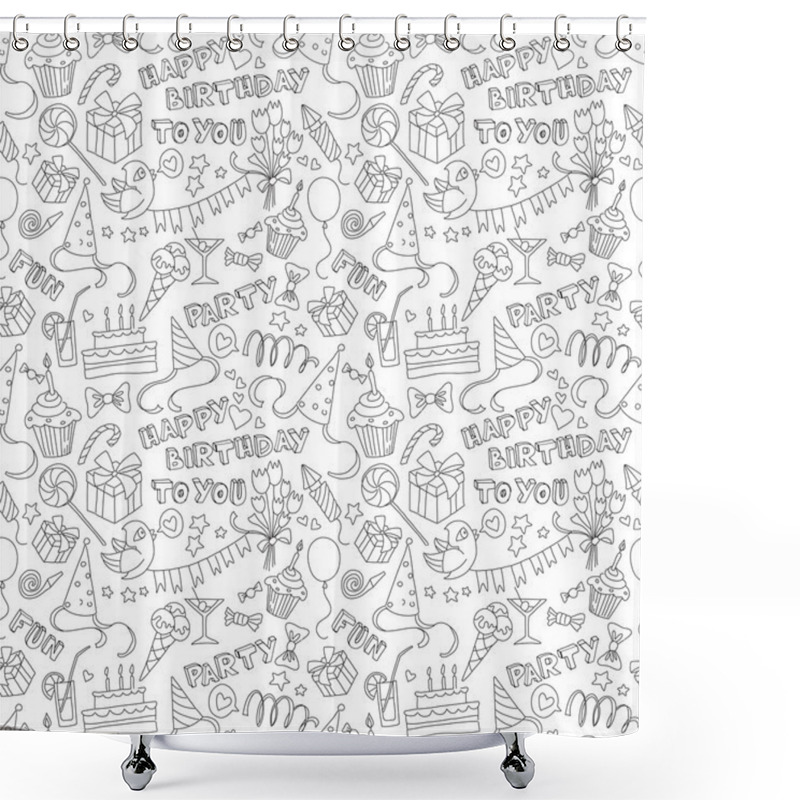 Personality  Happy Birthday Party Doodle Black And White Seamless Pattern Shower Curtains