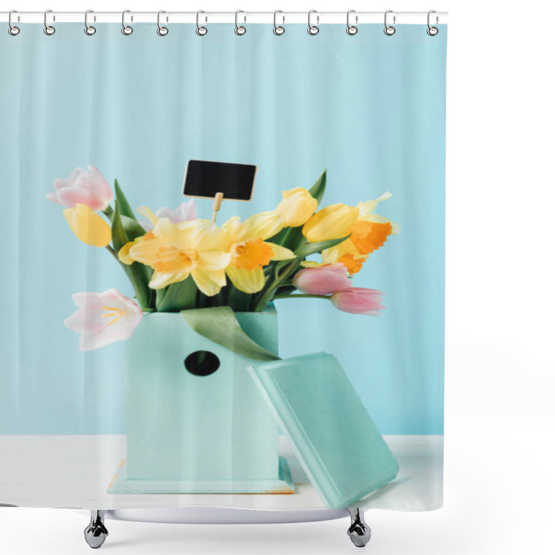 Personality  Close Up View Of Beautiful Bouquet Of Flowers With Blank Chalkboard In Birdhouse On Wooden Tabletop Isolated On Blue Shower Curtains