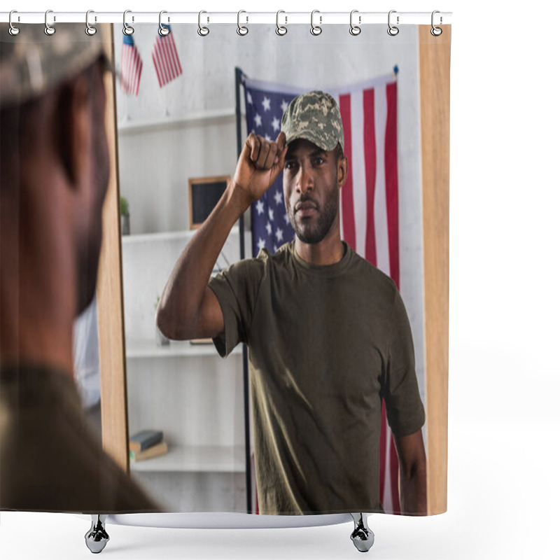 Personality  Confident African American Man In Camouflage Clothes Posing By The Mirror Shower Curtains