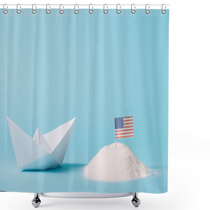 Personality  Paper Boat Near American National Flag In White Sand On Blue Background Shower Curtains