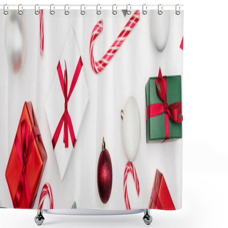 Personality  Website Header Of Gift Boxes, Christmas Balls And Candy Canes On White Background Shower Curtains