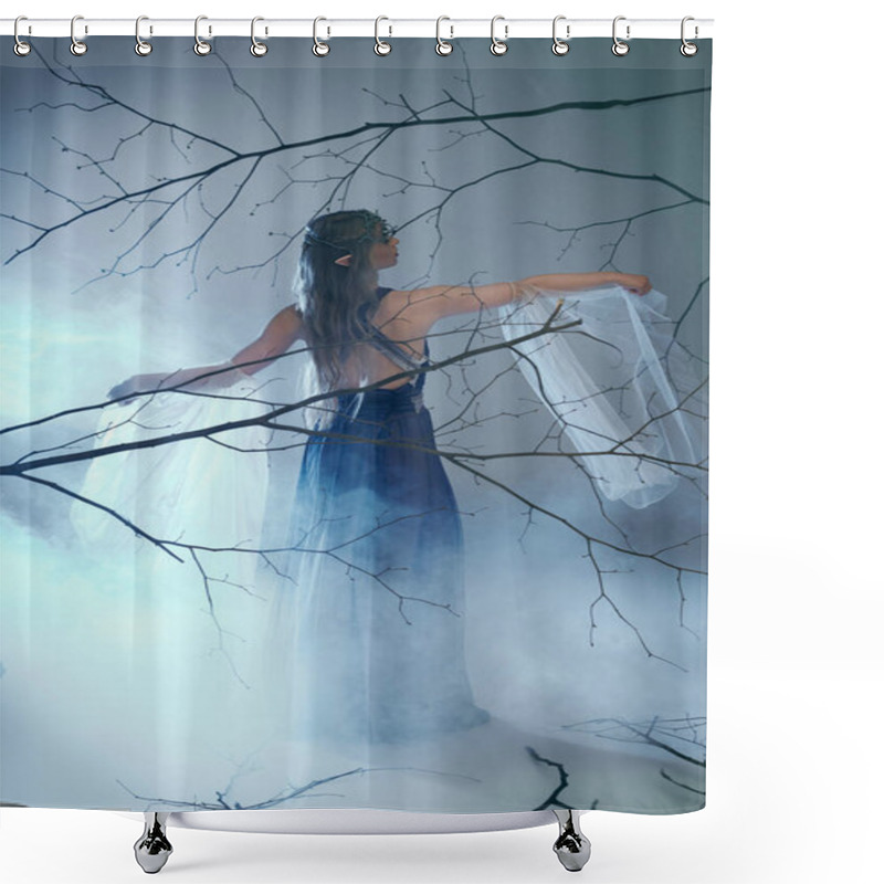 Personality  A Young Woman In A Blue Dress Stands In A Foggy Forest, Embodying A Fairy Tale Character Or Elf Princess. Shower Curtains