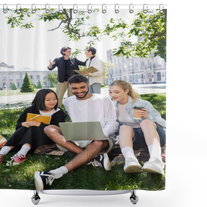 Personality  African American Student Using Laptop Near Multiethnic Friends With Copy Book And Coffee On Grass In Park  Shower Curtains