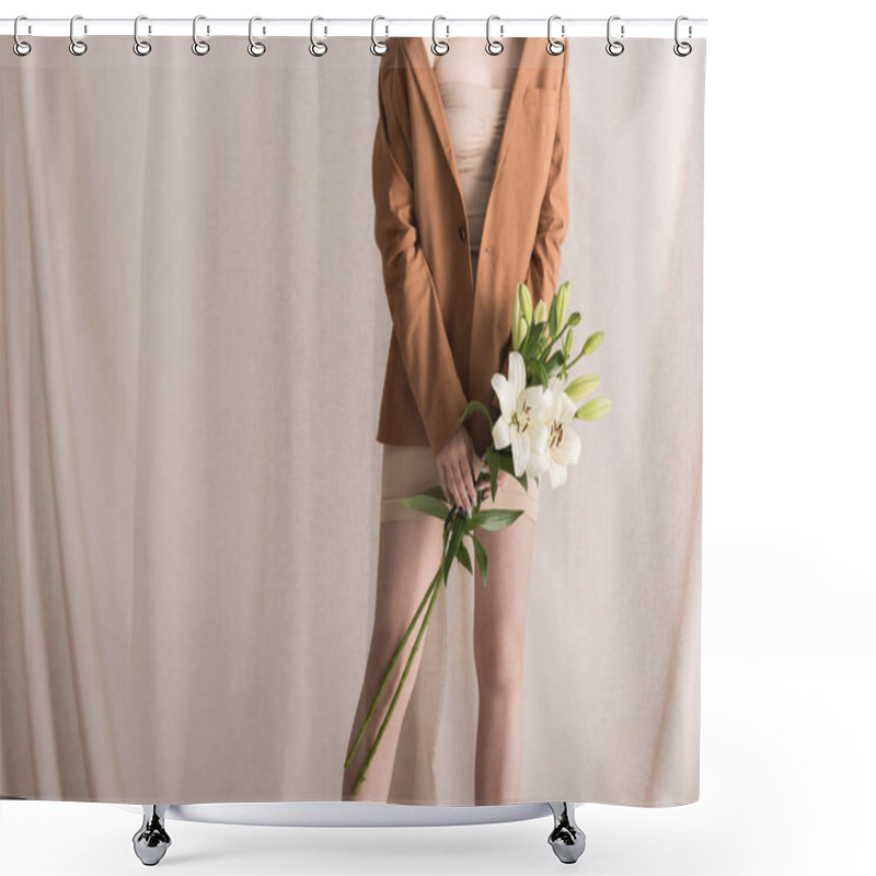 Personality  Cropped View Of Woman Holding Flowers In Hands, Standing On Curtain Background Shower Curtains