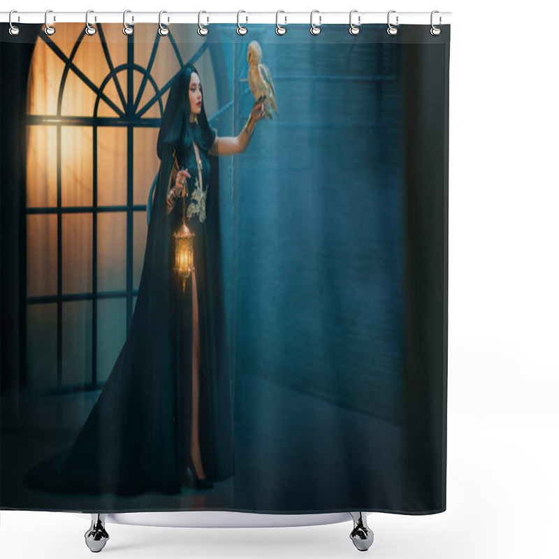 Personality  Photo Real People Mystery Fantasy Woman Sexy Vampire In Black Dress Cape Hood On Head. Girl Princess Dark Magician Holds In Vintage Lamp Lantern In Hand. Lady Elf Queen White Barn Owl Bird. Night Room Shower Curtains