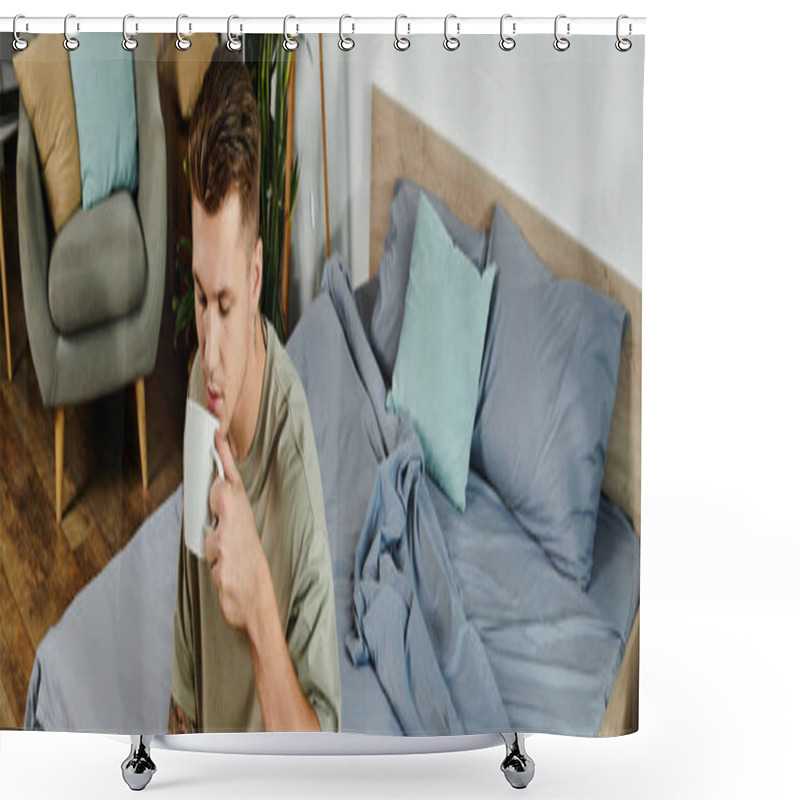 Personality  A Young Handsome Man Sips Coffee, Reflecting Quietly In A Relaxed And Serene Setting. Shower Curtains