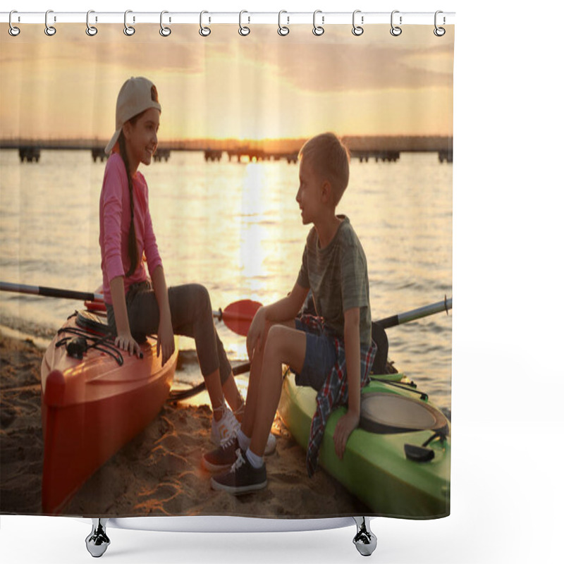 Personality  Happy Children Sitting On Kayaks Near River At Sunset. Summer Camp Shower Curtains