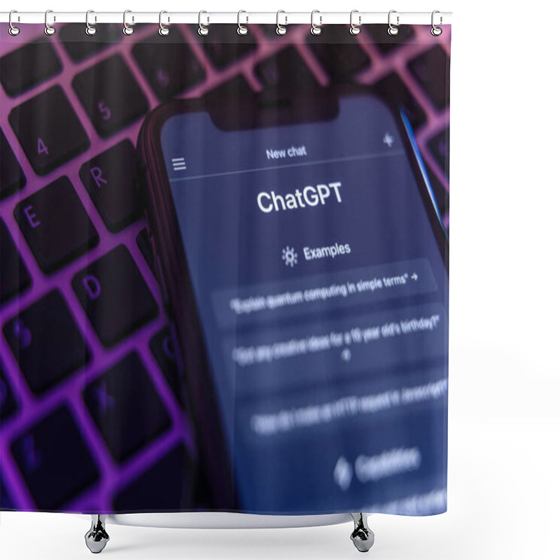 Personality  Antalya, Turkey - May 8, 2023: Closeup Of ChatGPT Is Displayed On Smartphone Screen. ChatGPT Chatbot, Powered By Advanced Artificial Intelligence Technology From Open AI.  Shower Curtains