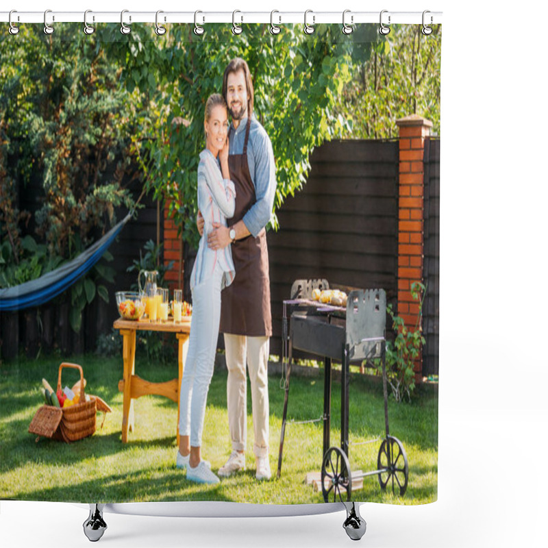 Personality  Smiling Couple Looking At Camera Having Barbecue On Backyard On Summer Day Shower Curtains