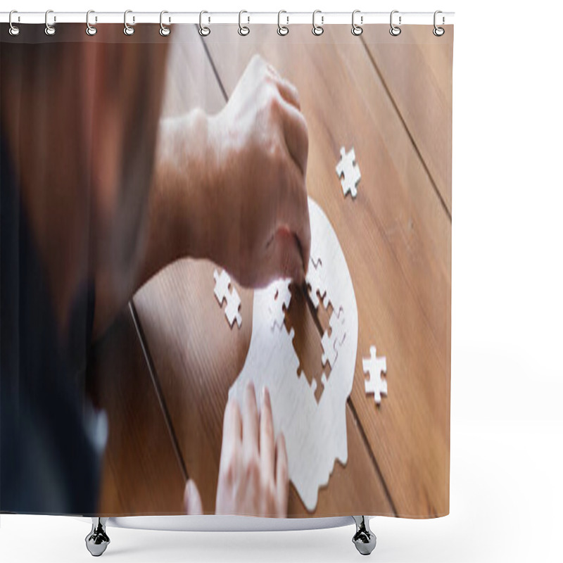 Personality  Cropped View Of Blurred Man With Dementia Folding Puzzle, Banner  Shower Curtains