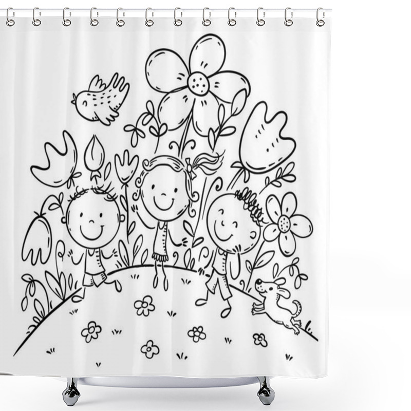 Personality  Hand Drawn Outline Vector Illustration Of Children On Flowering Hill Shower Curtains