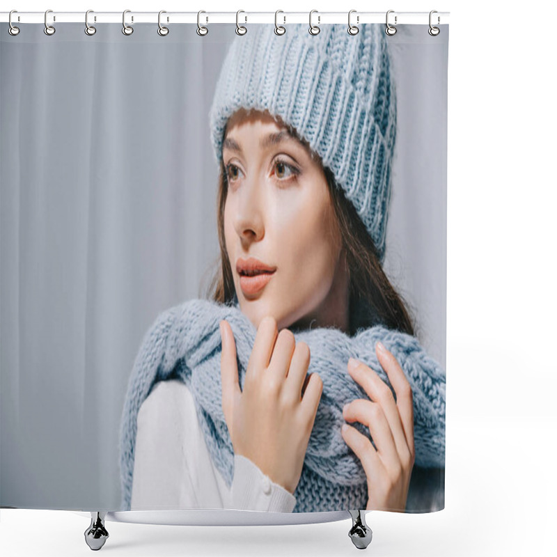 Personality  Beautiful Tender Girl Posing In Blue Knitted Hat And Scarf, Isolated On Grey Shower Curtains