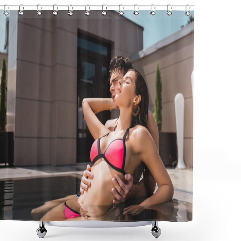 Personality  Handsome Man Touching Attractive Woman In Swimming Pool Shower Curtains