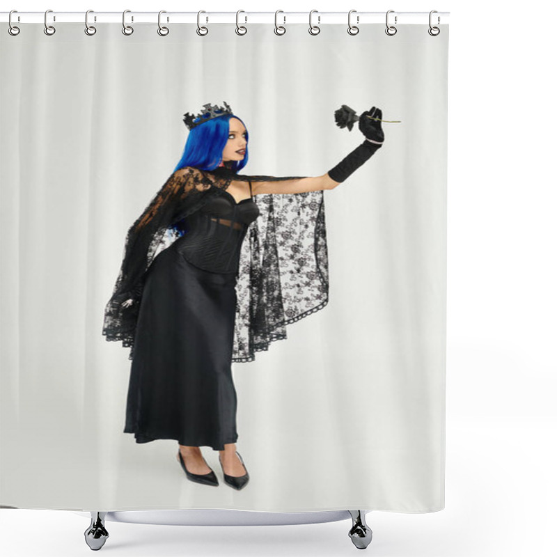 Personality  A Striking Young Woman Showcases Her Exquisite Halloween Costume, Holding A Dark Rose. Shower Curtains