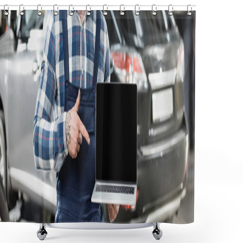 Personality  Partial View Of Mechanic Pointing At Laptop With Blank Screen Near Car On Blurred Background, Banner Shower Curtains