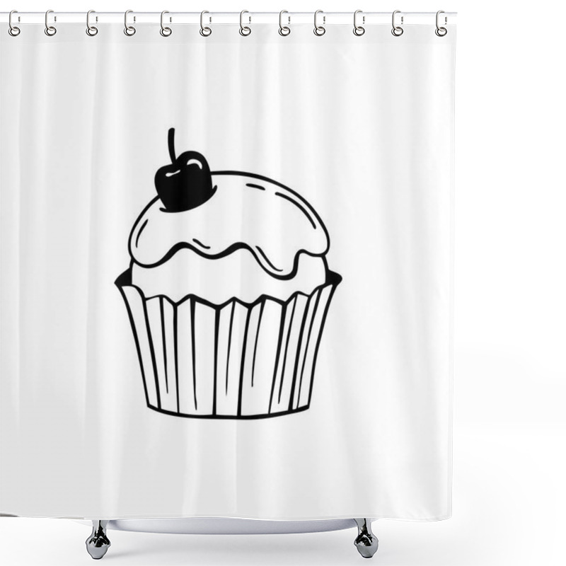 Personality  Cupcake With Frosting And Cherry. Black And White Vector Illustration. Shower Curtains