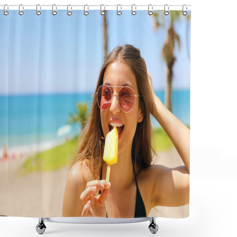 Personality  Beautiful Girl With Sunglasses Eating Popsicle On Malaga Beach In Her Travel Holidays In Southern Spain Shower Curtains