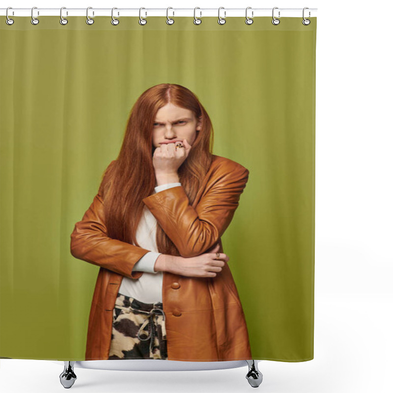 Personality  The Young Man With Long Red Hair Showcases A Range Of Emotions While Posing Thoughtfully. Shower Curtains