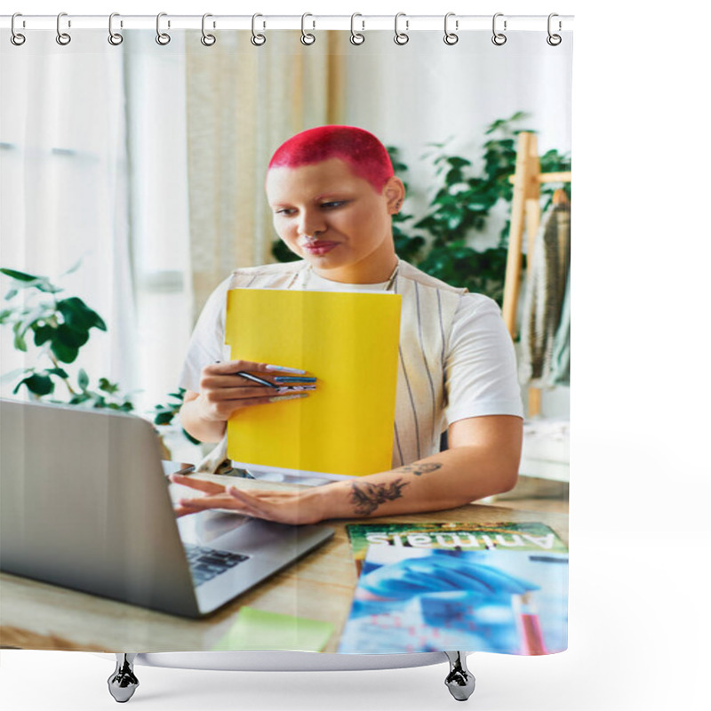 Personality  A Young Woman With Vibrant Pink Hair Engages In Tasks At Her Home Office, Surrounded By Greenery. Shower Curtains