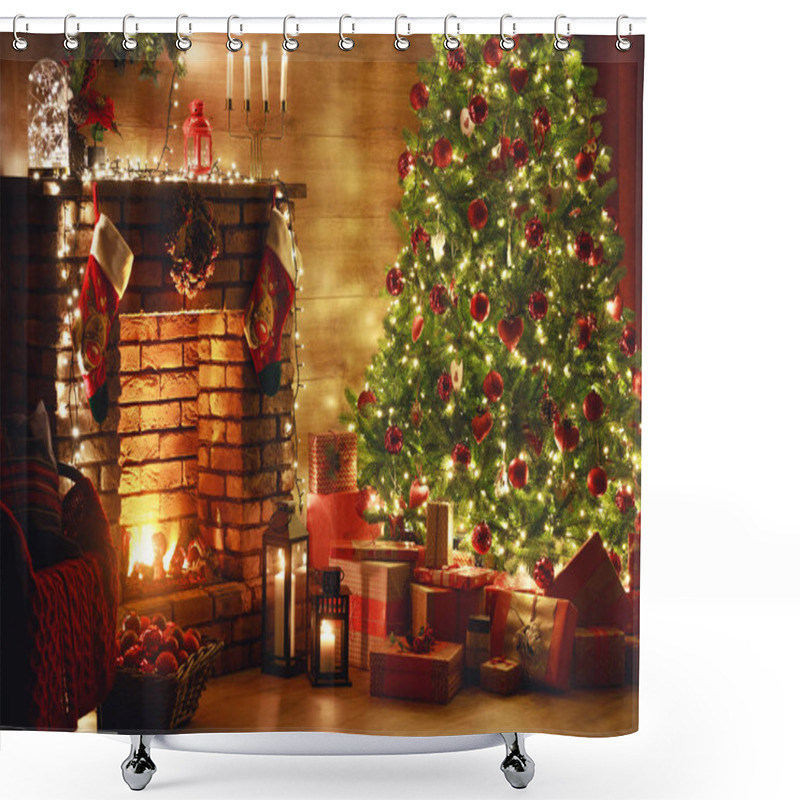 Personality  Interior Christmas. Magic Glowing Tree, Fireplace, Gifts In  Dar Shower Curtains