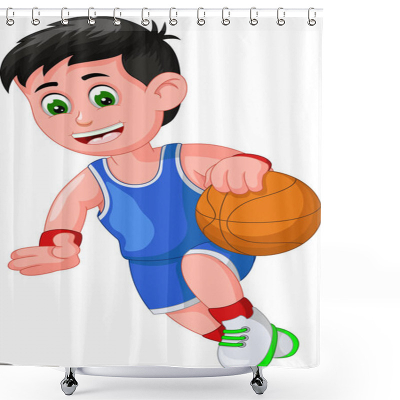 Personality  Funny Basketball Player In Blue Uniform Cartoon For Your Design Shower Curtains