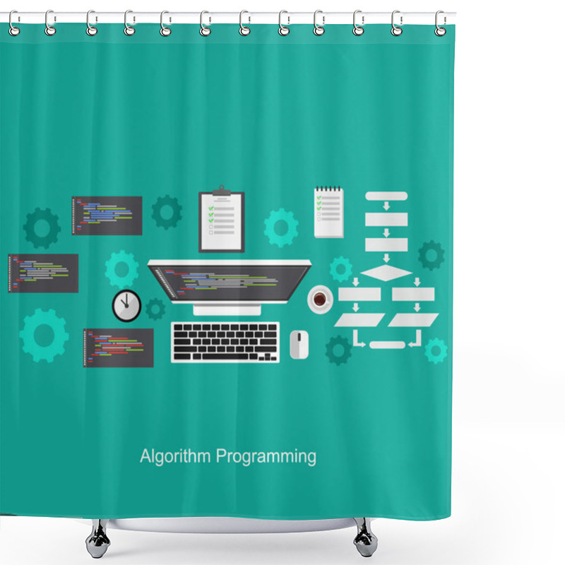 Personality  Algorithm Programming Concept. Flat Design Illustration Concepts For Analysis, Working, Brainstorming, Coding, Programming, And Planning. Shower Curtains