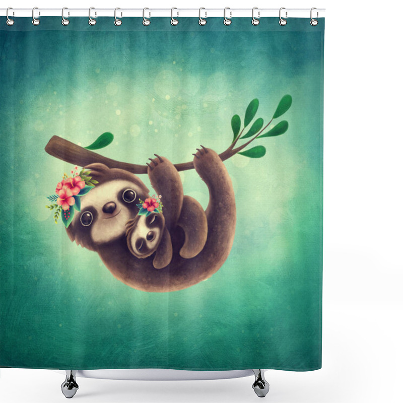 Personality  Sloth Mom With A Baby Shower Curtains