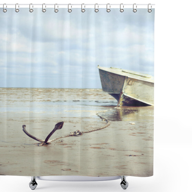 Personality  Anchored On The Shore With Boat Shower Curtains