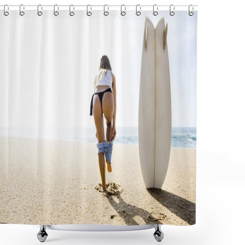 Personality  Young Surfer Girl Getting Ready To Surf Shower Curtains