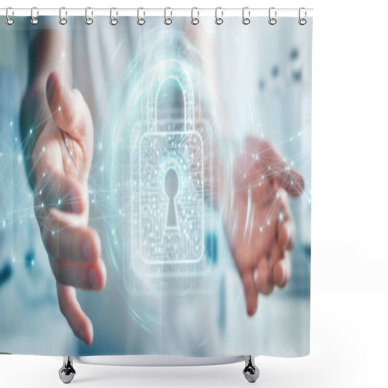 Personality  Businessman Using Digital Padlock With Data Protection 3D Render Shower Curtains