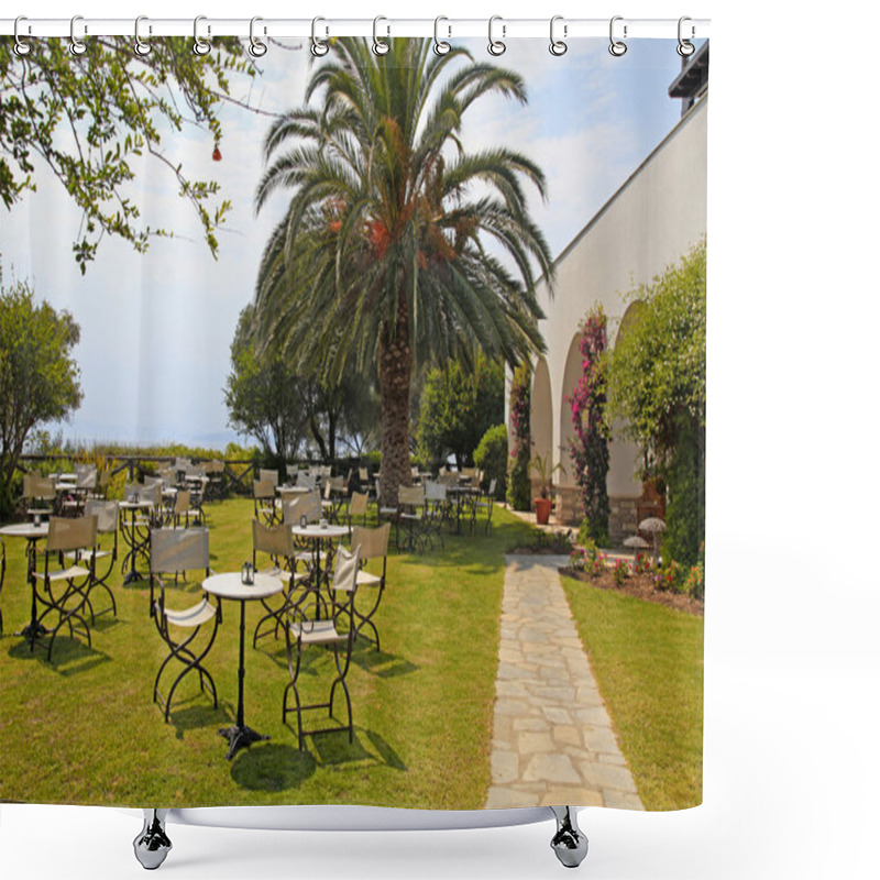 Personality  Iron Tables And Chairs On Green Lawn In The Garden With Flowers, Shower Curtains