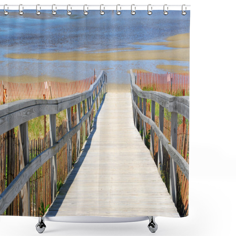 Personality  Wooden Path Over Sand Dunes With Beach View Shower Curtains