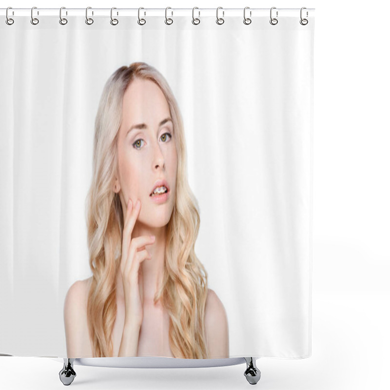 Personality  Woman With Braces Touching Face Shower Curtains