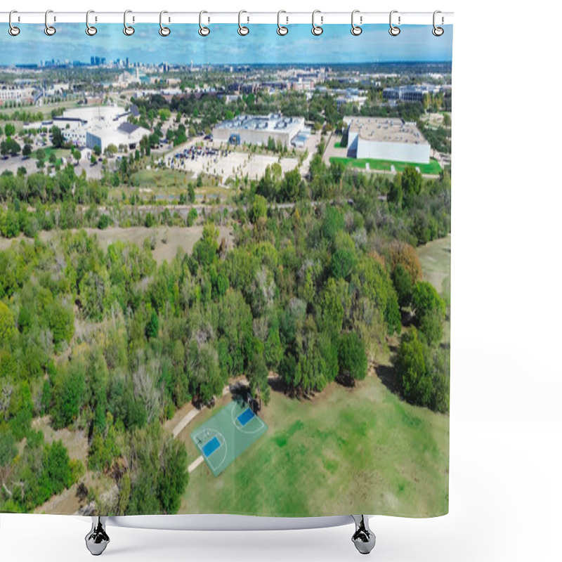 Personality  Commercial Building Warehouses And Downtown Plano Texas Skylines In Background Near Large Suburban Nature Park, Pathway Walking Biking Trails, Basketball Courts, Mixed Use Development Community. USA Shower Curtains