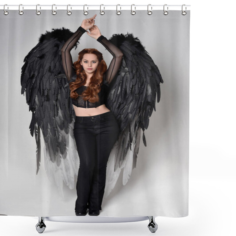 Personality  Full Length Portrait Of Beautiful Woman With Long Red Hair Wearing Sheer Corset Top, Leather Pants, Large Black Angel Feather Wings. Standing Pose, Walking Forwards With Gestural Hands Reaching Out. Isolated On White Studio Background. Shower Curtains