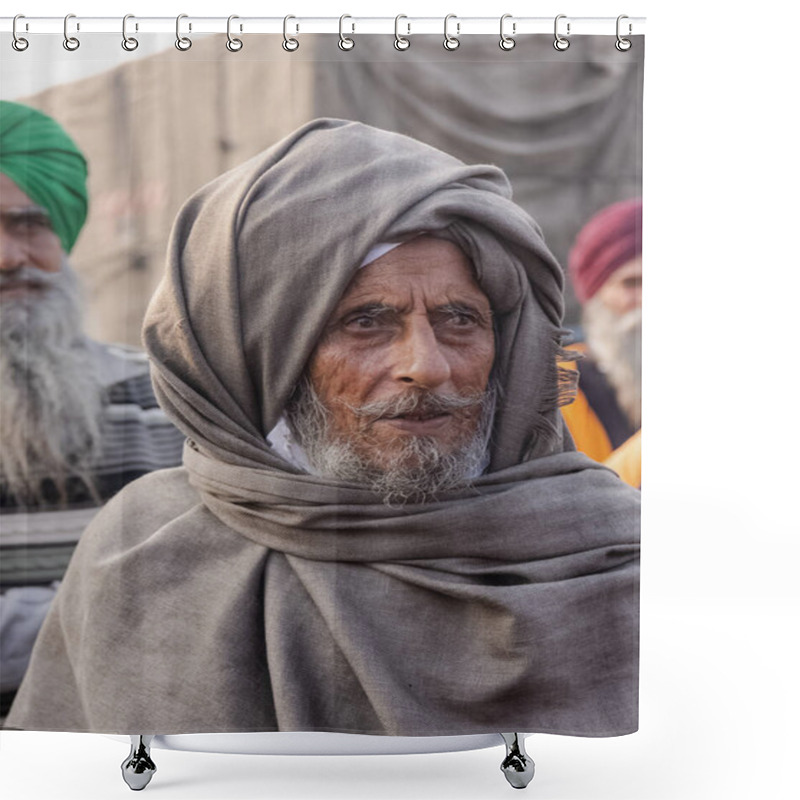 Personality  NEW DELHI, INDIA, DECEMBER 2020 : Portrait Of Indian Farmer From Punjab And Other States Participating In New Farm Law Bill Protest At Delhi-UP Border. Farmers From Across India Protest At Delhi. Shower Curtains