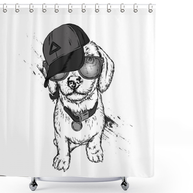 Personality  Cute Dog In Cap And Glasses. Vector Illustration. Shower Curtains