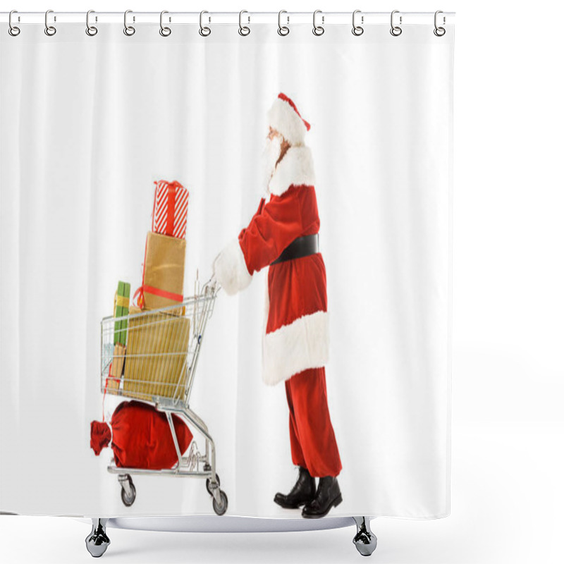 Personality  Side View Of Santa Claus Walking With Shopping Cart Full Of Christmas Gift Boxes Isolated On White Shower Curtains