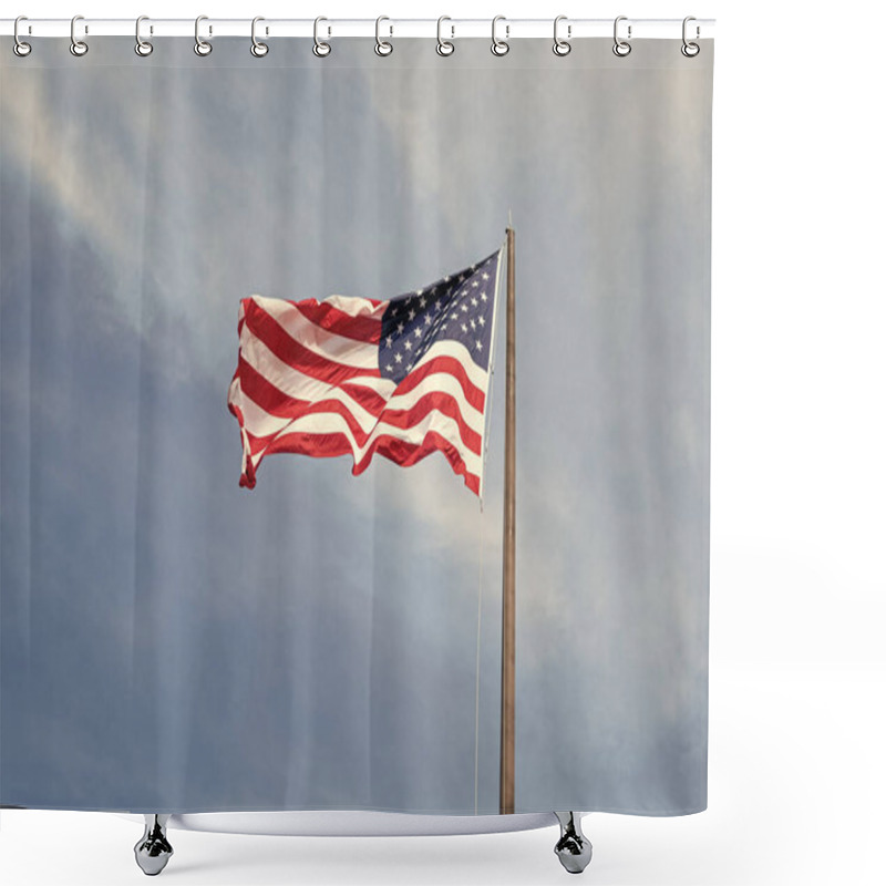 Personality  Flag Of The USA. National Waving Flag Of United States On Blue Sky. Independence Day. Patriotic Symbol. American Flag For Memorial Day Or 4th Of July. American Flag Waving In The Wind. July 4th. Shower Curtains