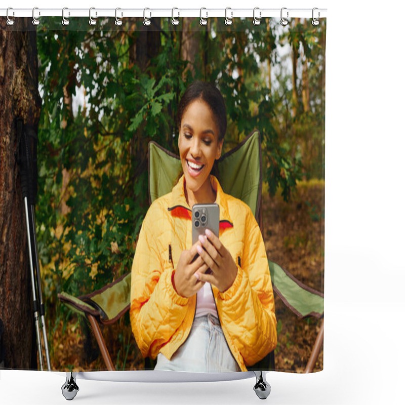 Personality  A Young Woman Rests In The Forest, Illuminated By Autumn Hues, While Checking Her Phone With A Warm Smile. Shower Curtains