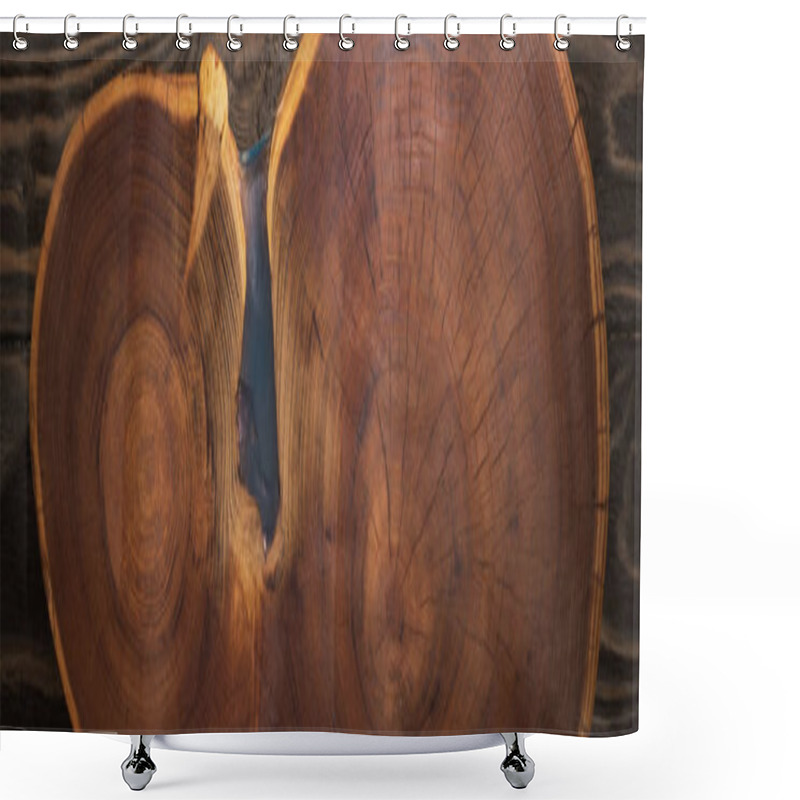 Personality  Panoramic Shot Of Wooden Cutting Board On Brown Table  Shower Curtains