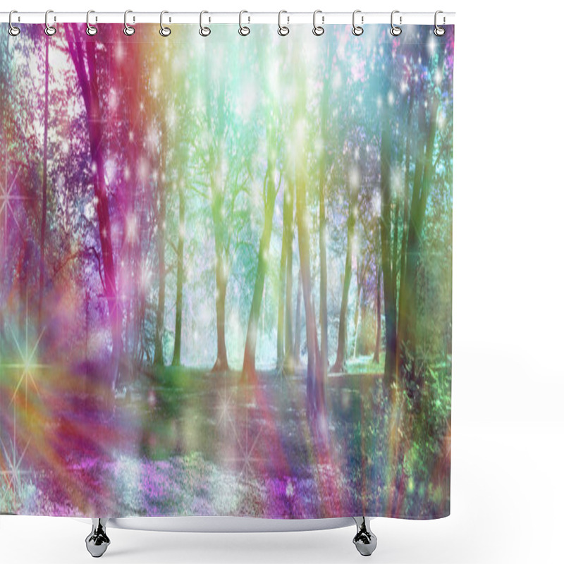 Personality  Supernatural Fantasy Woodland Scene - Multicoloured Row Of Trees With Many White Orb Lights, Sparkles And Shafts Of Coloured Light  Shower Curtains